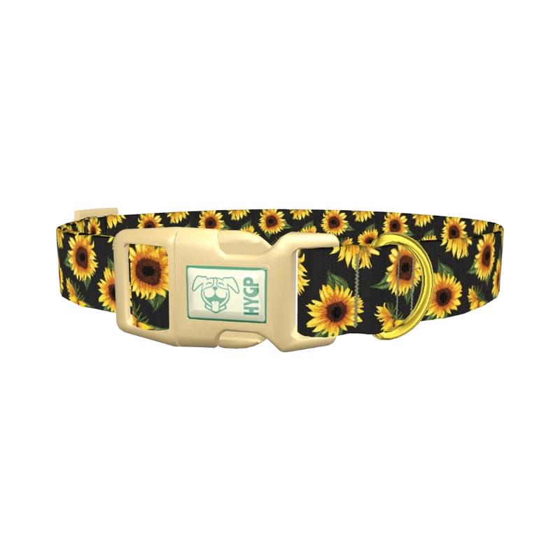 Sunflower Pattern Black Dog Collar - plastic gold