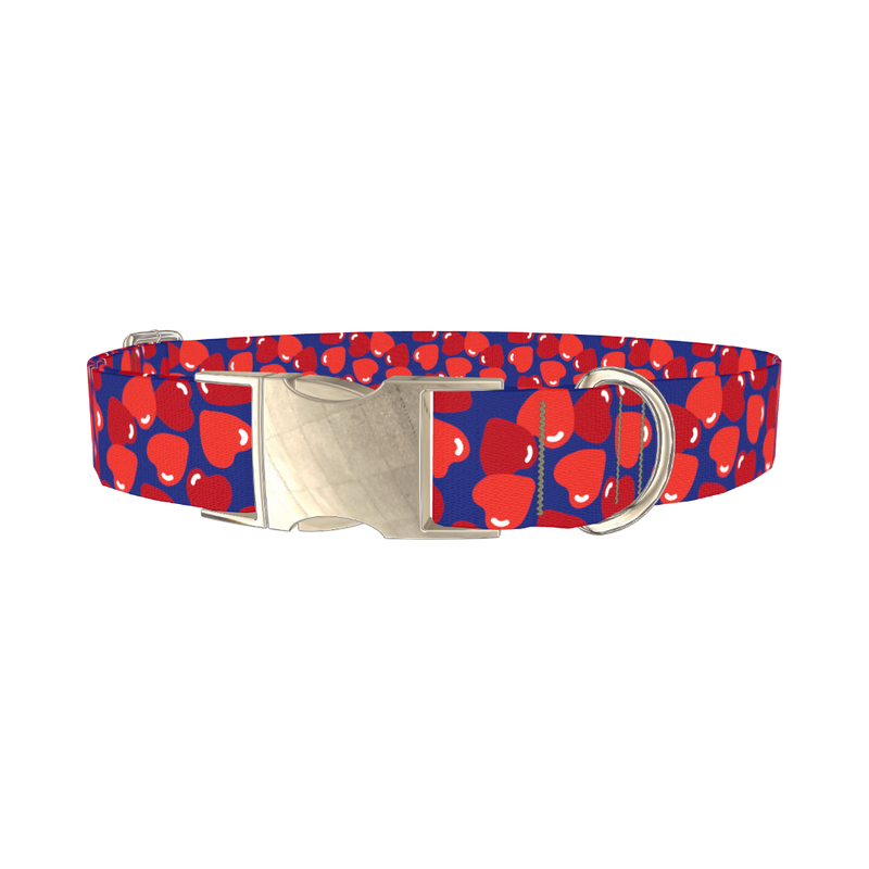 Navy Heart Pattern Dog Collar - metal silver