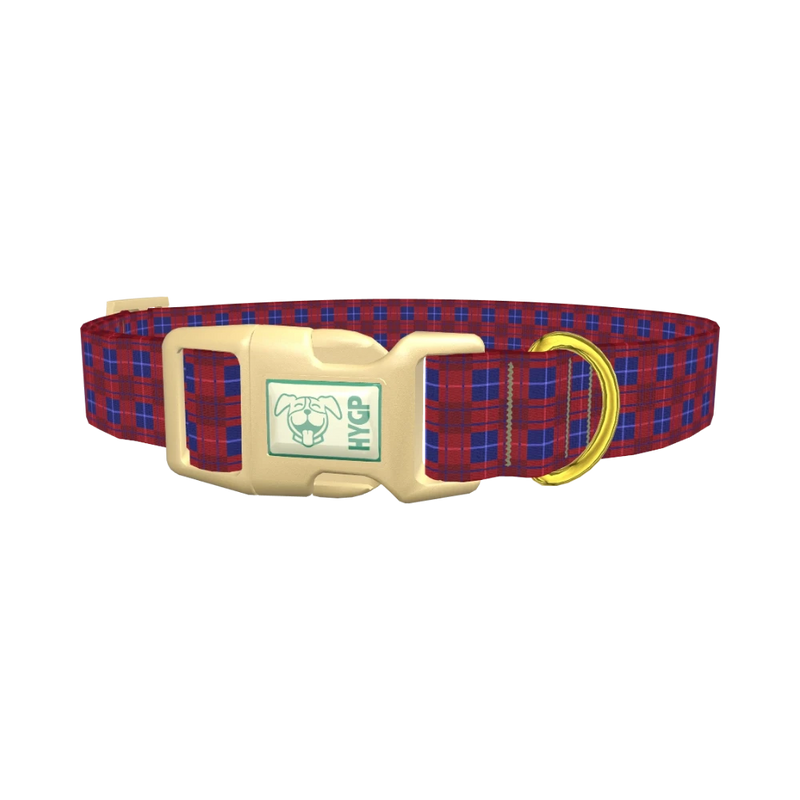 Red and Blue Plaid Dog Collar - plastic gold