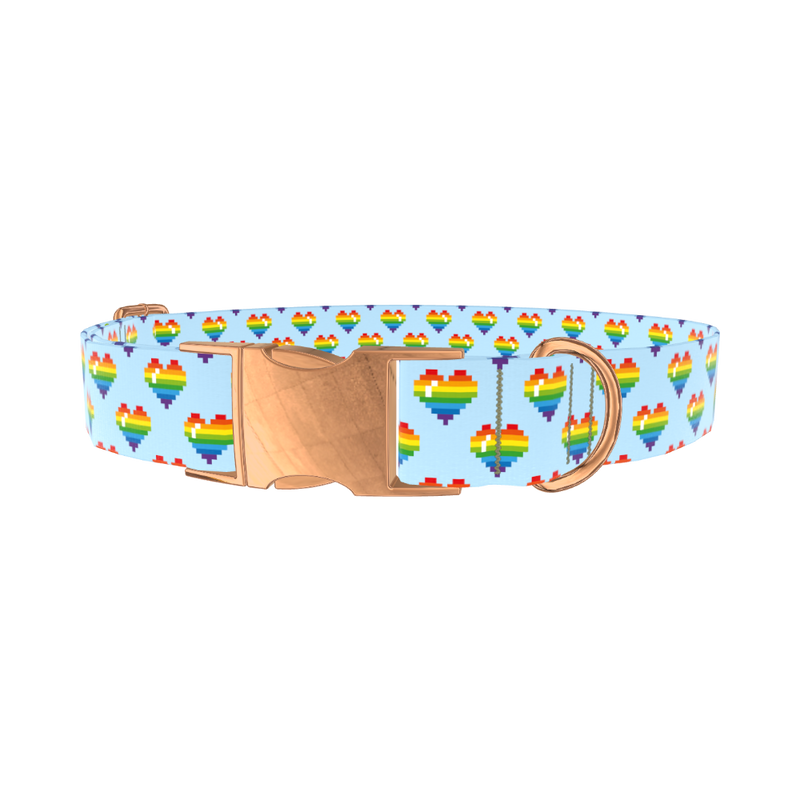Pixel Rainbow Heart Dog Collar - metal silver