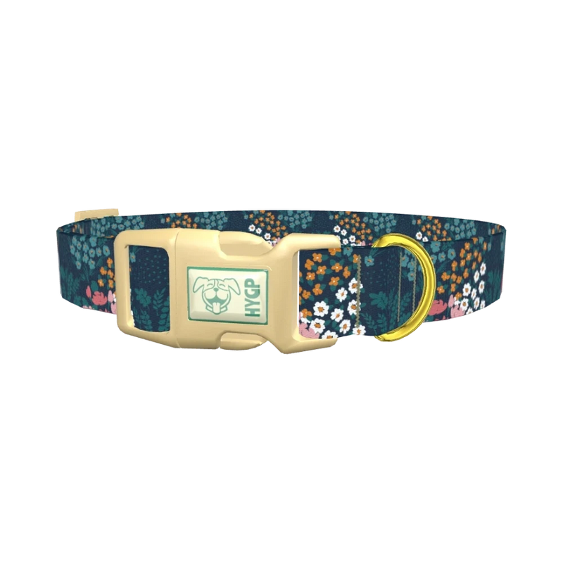 Navy Floral Garden Dog Collar - plastic gold