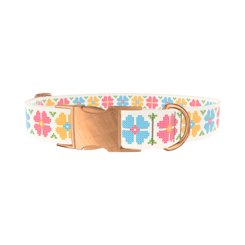 Floral Embroidery Dog Collar - metal silver