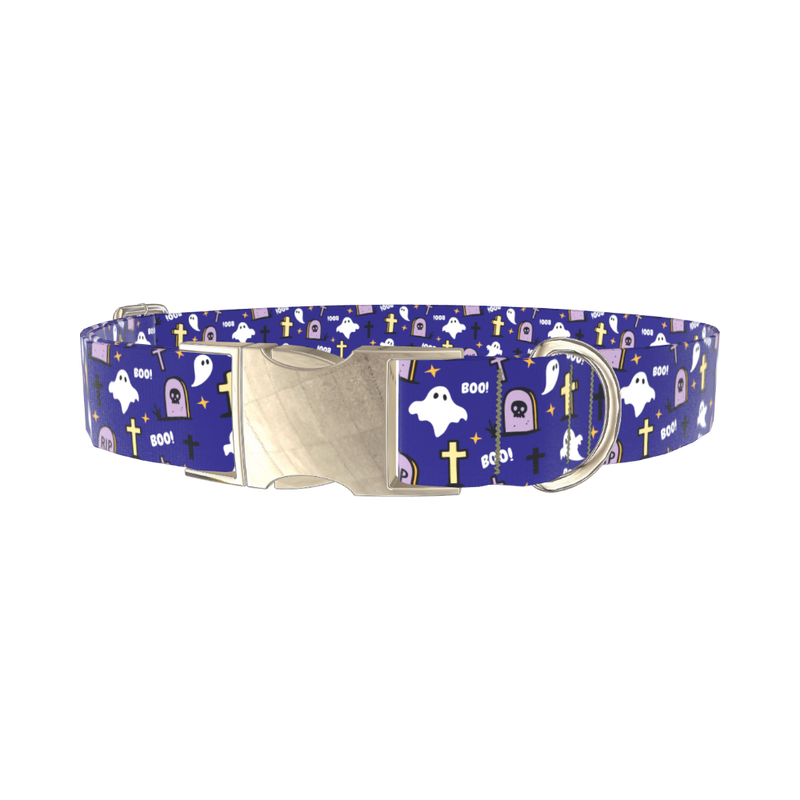 Purple Graveyard Halloween Dog Collar - metal gold