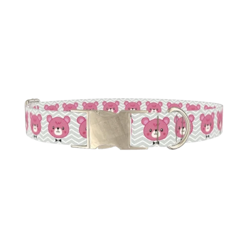 Pink Teddy Bear Dog Collar - metal silver
