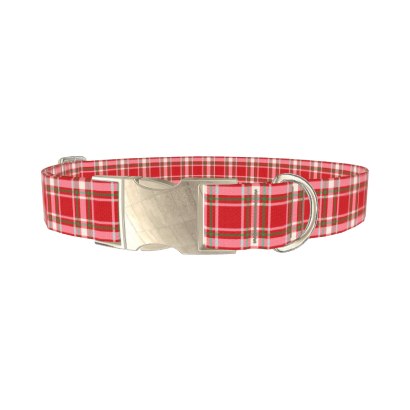 Light Red Plaid Dog Collar - metal silver