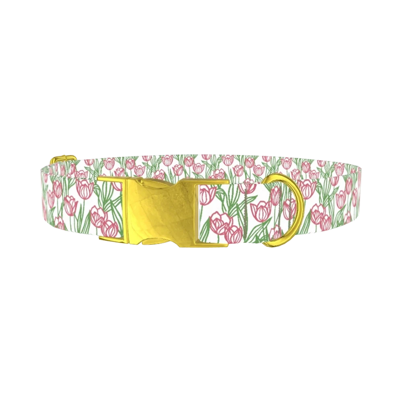 Pink Tulip Sketch Dog Collar - metal gold