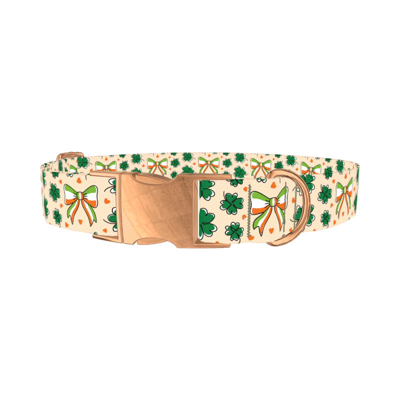 St. Patrick's Clover Bow Dog Collar - metal rose gold