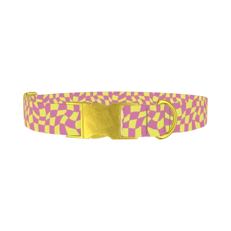Pink Wavy Check Dog Collar - metal gold