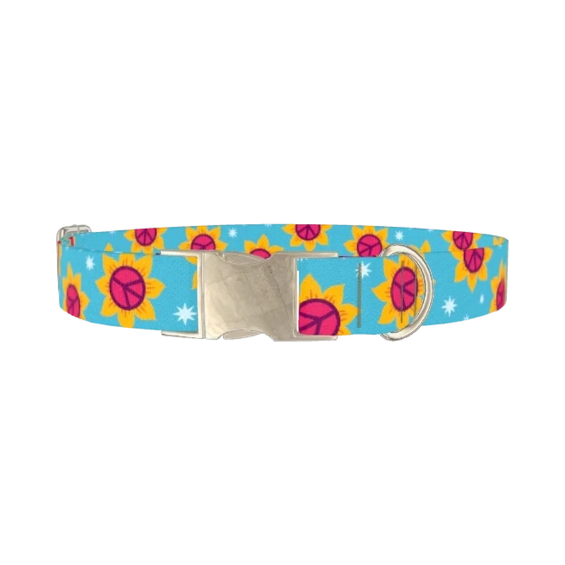 Peace Sunflower Dog Collar - metal silver