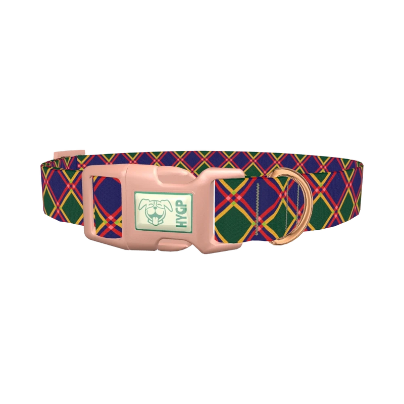 Festive Blue Plaid Dog Collar - plastic rose gold