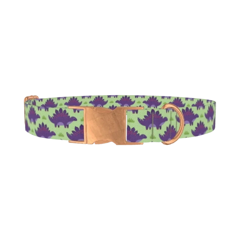 Purple Stegosaurus Dog Collar - metal rose gold