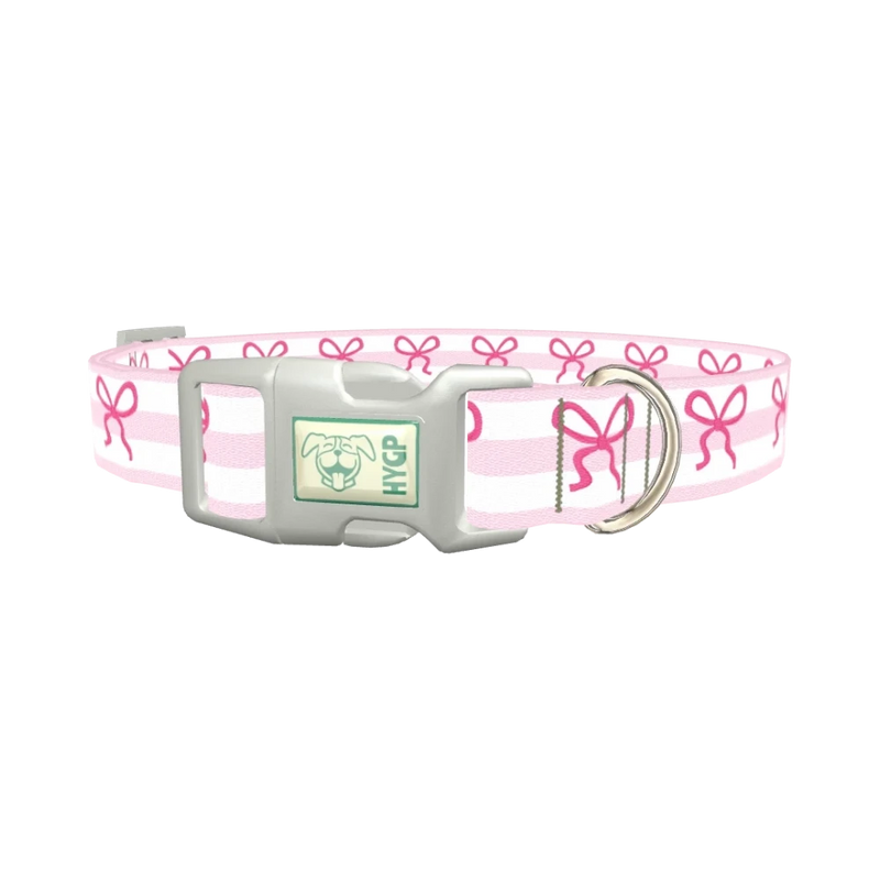 Pink Bow Stripe Dog Collar - plastic silver