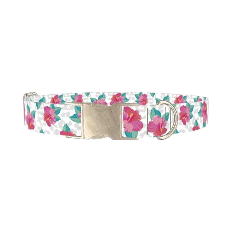 Leopard Floral Dog Collar - metal silver