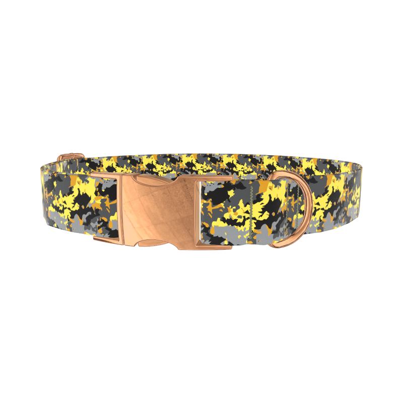 Yellow Grey Camouflage Dog Collar - metal rose gold