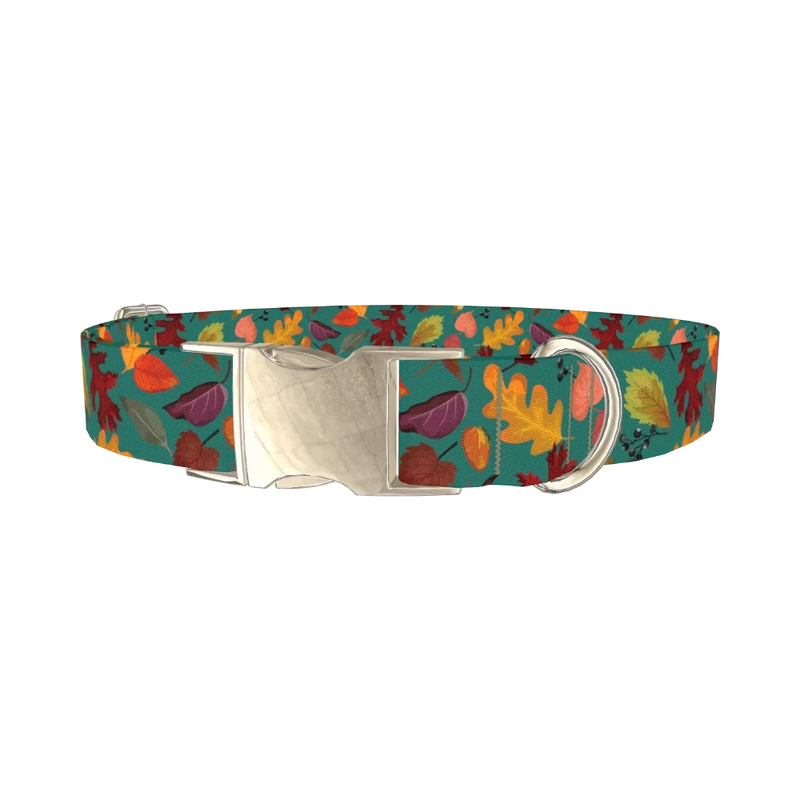 Teal Autumn Foliage Dog Collar - metal silver