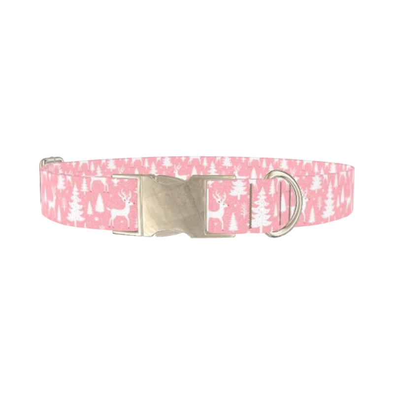 Pink Reindeer Forest Dog Collar - metal silver