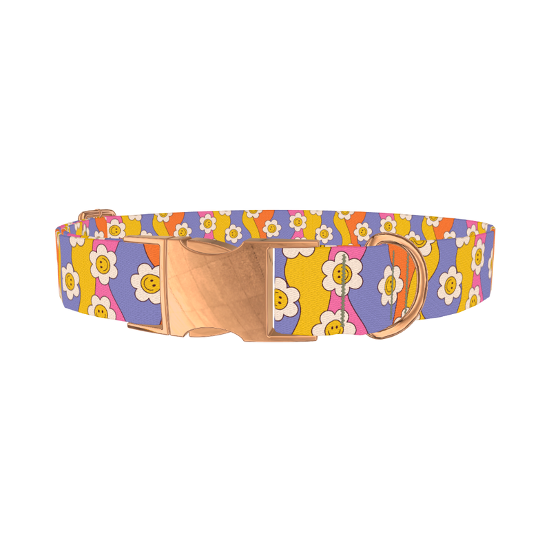 Groovy Smile Flower Dog Collar - metal rose gold
