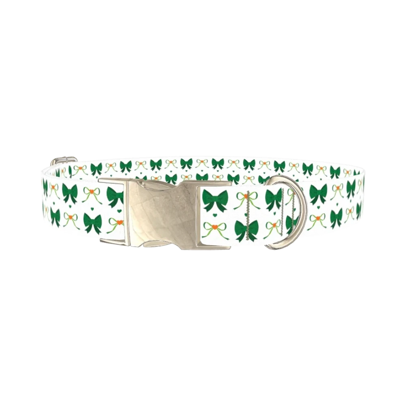 Green Bow Heart Dog Collar - metal silver
