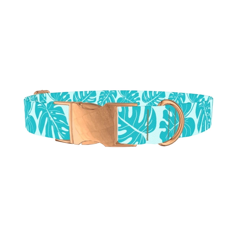 Tropical Monstera Dog Collar - metal rose gold