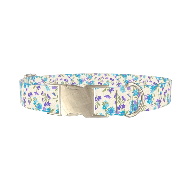 Blue Purple Floral Dog Collar - metal silver
