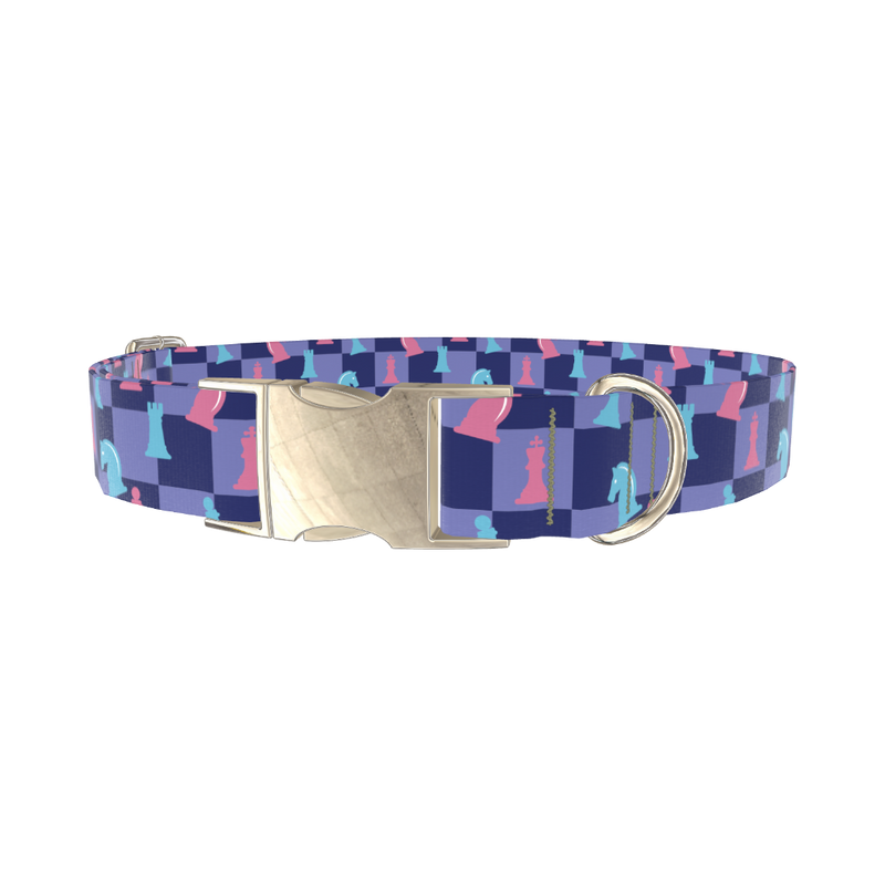 Chess Pattern Dog Collar - metal silver