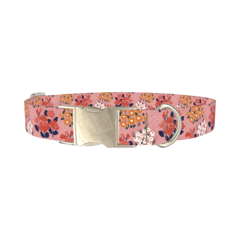 Pink Floral Bloom Dog Collar - metal silver
