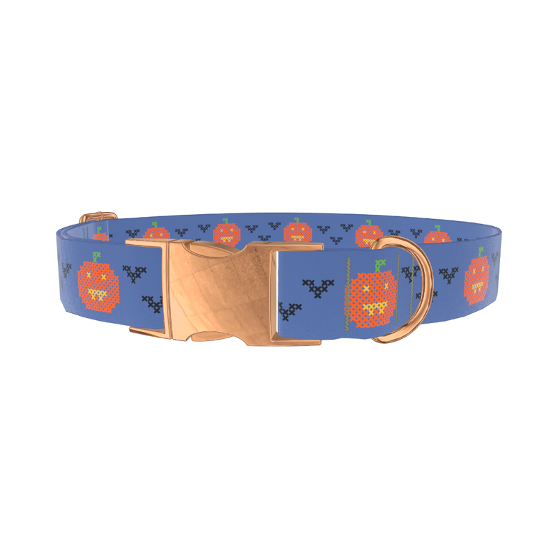 Pumpkin Cross Stitch Dog Collar - metal silver