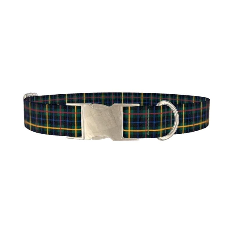 Blue Green Tartan Dog Collar - metal silver