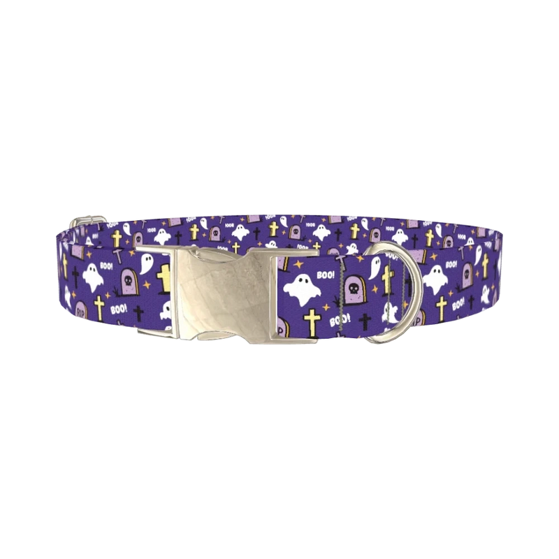 Purple Graveyard Halloween Dog Collar - metal silver