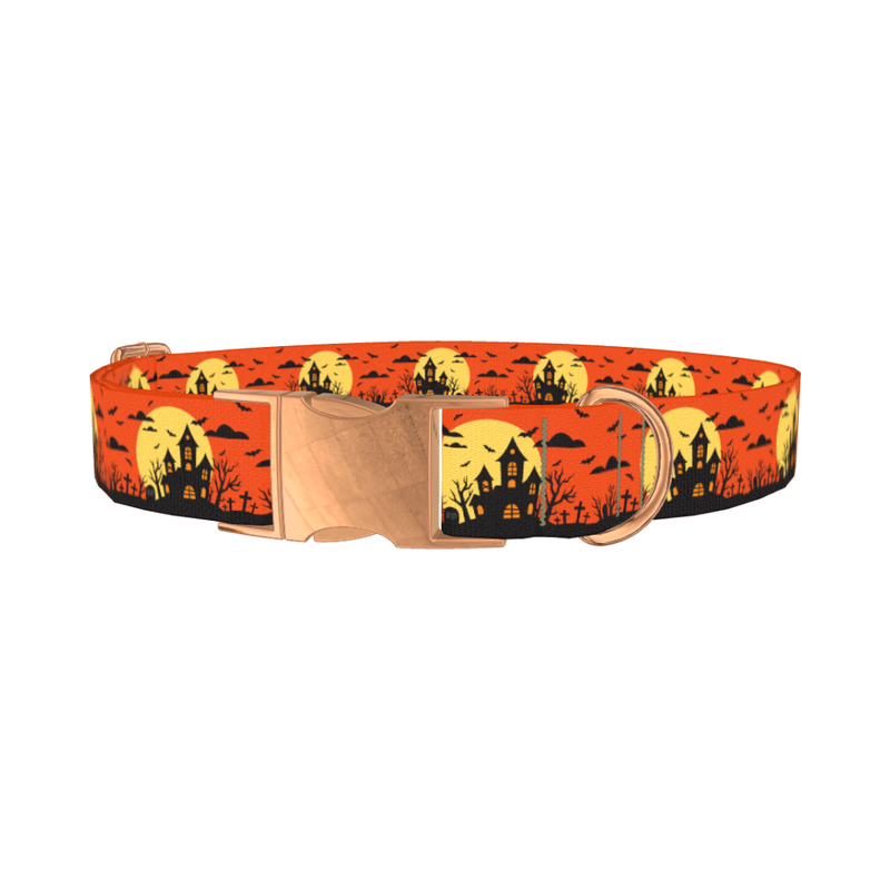 Halloween Haunted House Dog Collar - metal rose gold