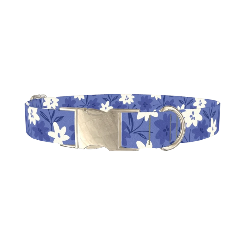 Blue Floral Pattern Dog Collar - metal silver