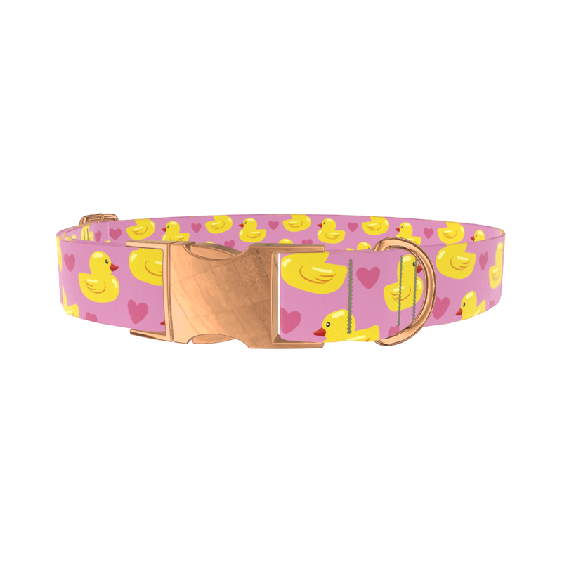 Yellow Duck Heart Dog Collar - metal rose gold