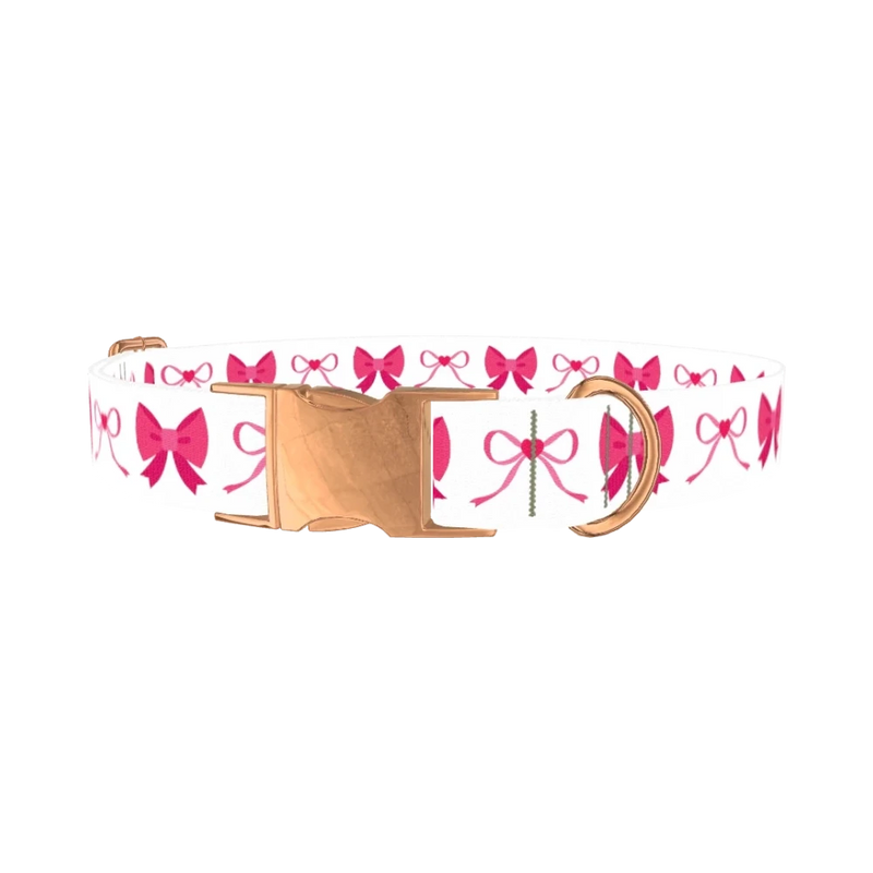 Pink Heart Bow Dog Collar - metal rose gold
