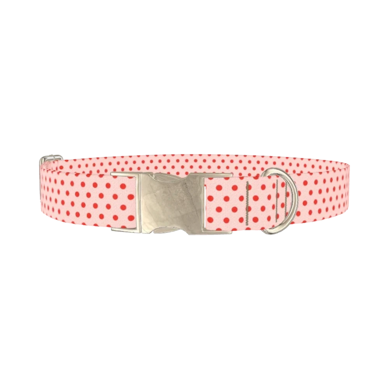 Red Polka Dot Dog Collar - metal silver
