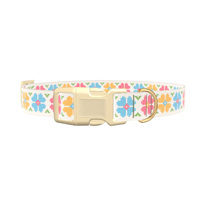 Floral Embroidery Dog Collar - plastic silver