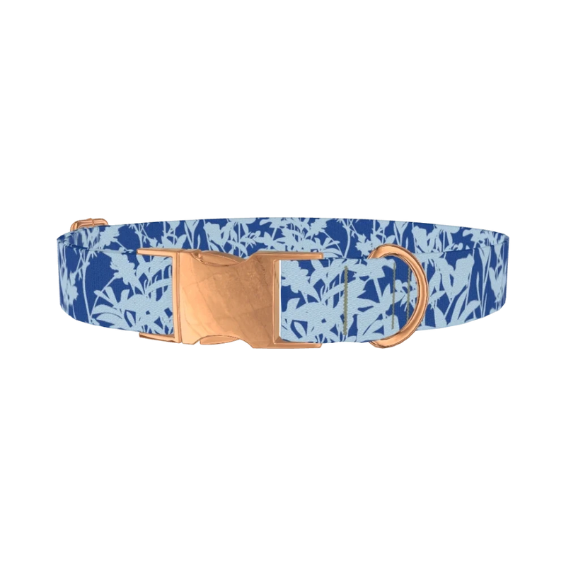 Blue Botanical Silhouette Dog Collar - metal rose gold