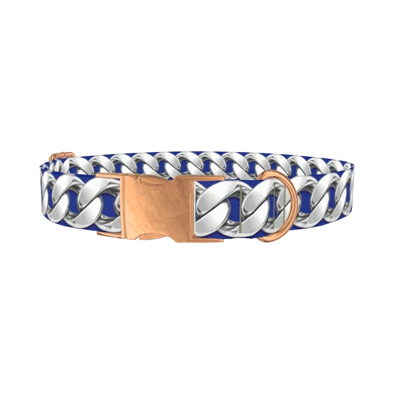 Silver Chain Blue Dog Collar - metal rose gold