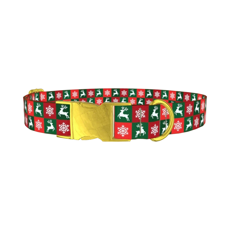 Christmas Plaid Deer Dog Collar - metal gold