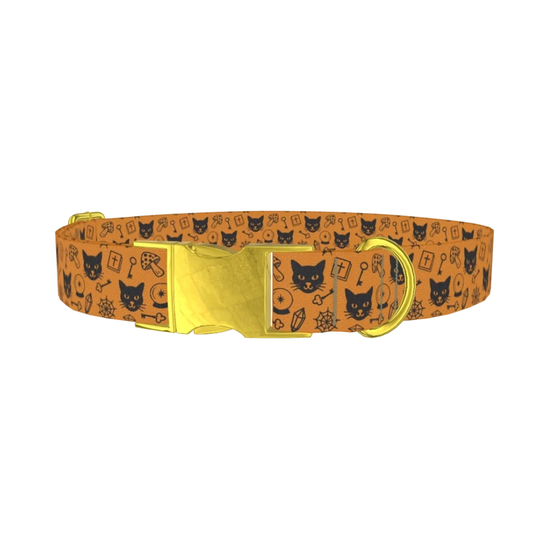Halloween Cat Pattern Dog Collar - metal gold