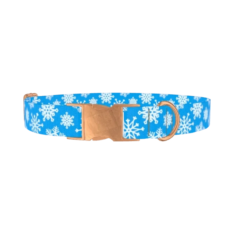 Blue Festive Snowflake Dog Collar - metal rose gold