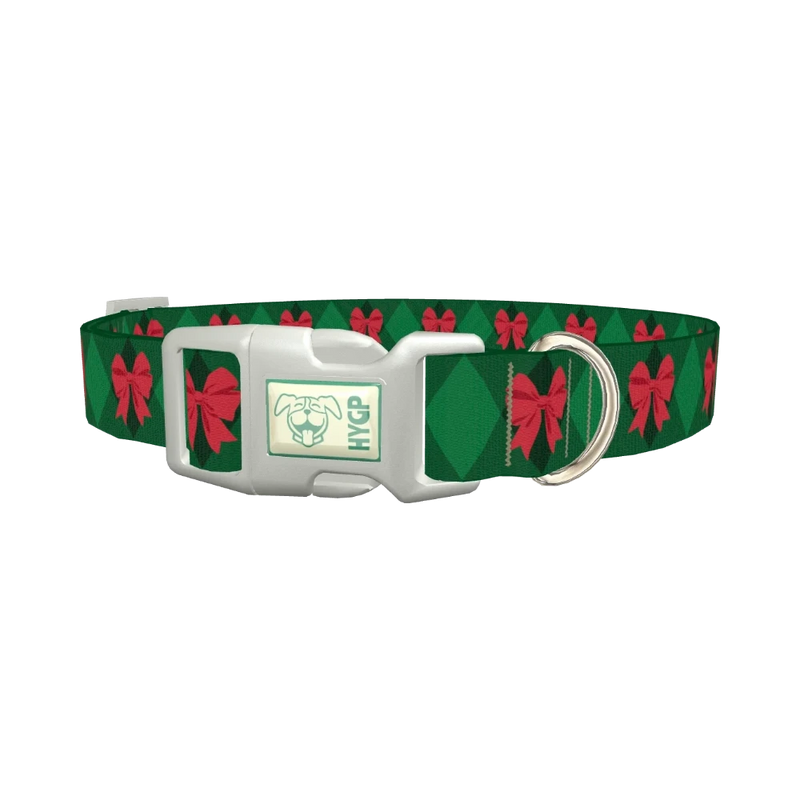 Red Bow Plaid Dog Collar - plastic silver