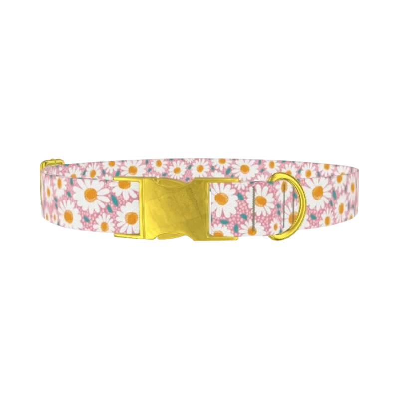 Pink Chamomile Dog Collar - metal gold