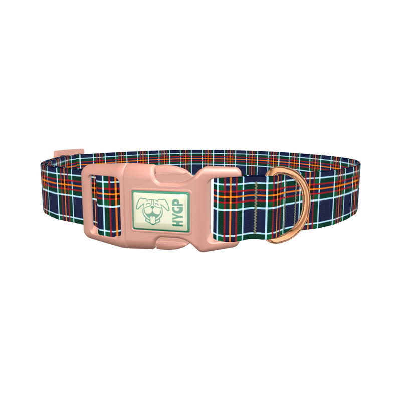 Dark Blue Festive Plaid Dog Collar - plastic rose gold