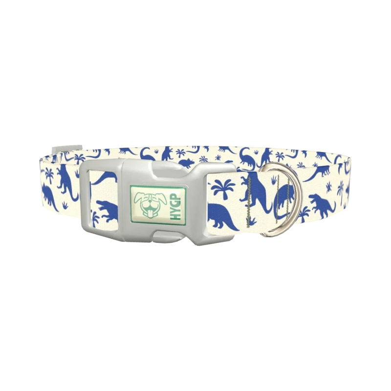 Blue Dinosaur Jungle Dog Collar - plastic silver