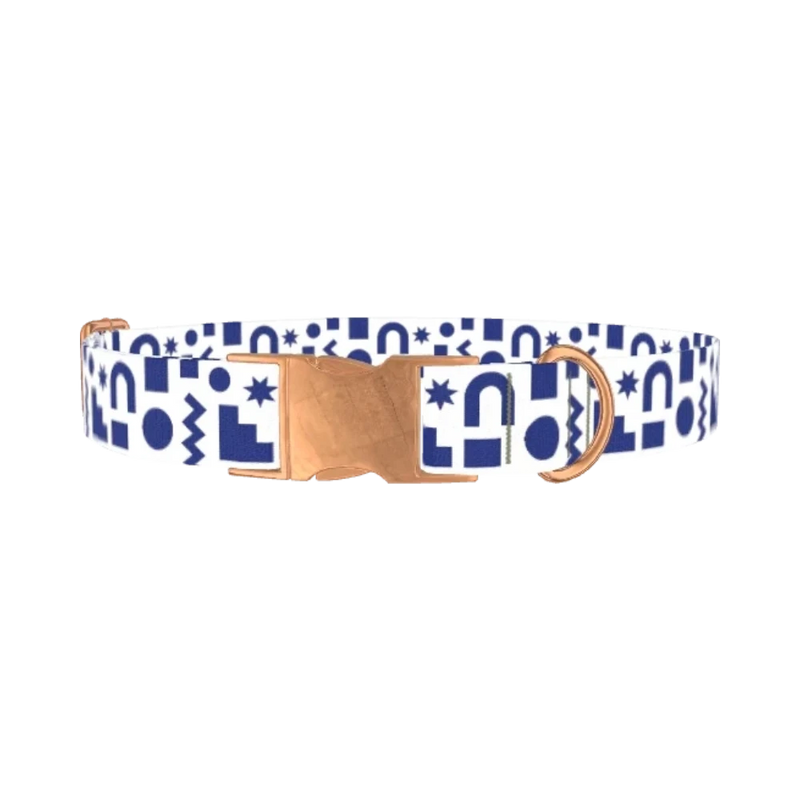 Navy Geometric Shapes Dog Collar - metal rose gold