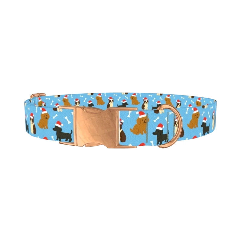 Christmas Dogs Blue Dog Collar - metal rose gold