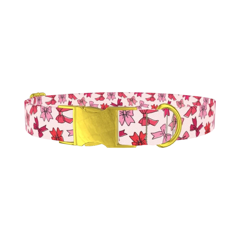Pink Bow Pattern Dog Collar - metal gold