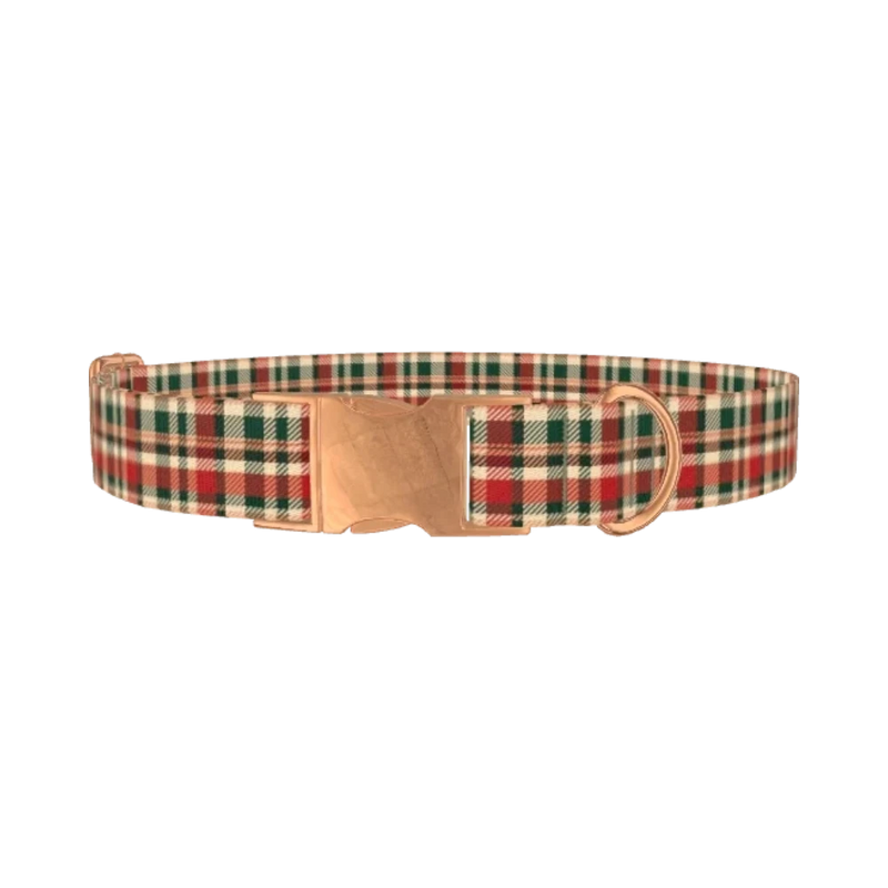 Green Red Tartan Dog Collar - metal rose gold