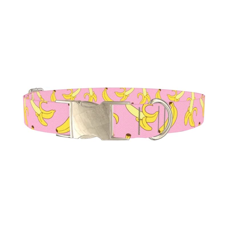 Pink Banana Pattern Dog Collar - metal silver