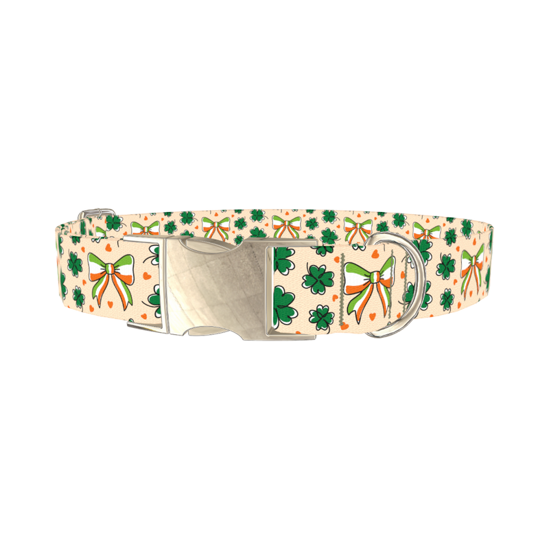 St. Patrick's Clover Bow Dog Collar - metal silver